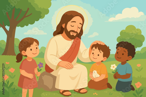 Warm illustration of a religious figure sitting with children in a garden, representing teaching, love, and compassion.