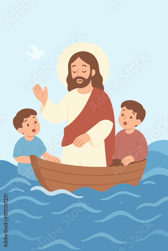 Cute illustration of a biblical figure guiding two children on a boat, symbolizing kindness and guidance.
