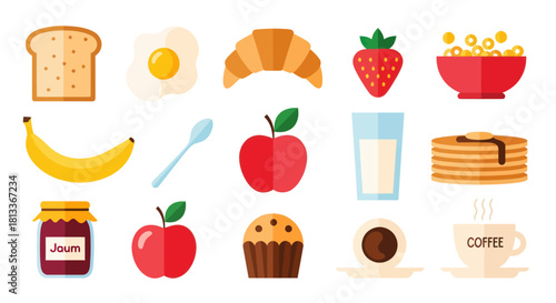 Breakfast food assortment toast eggs croissant fruits and cereals