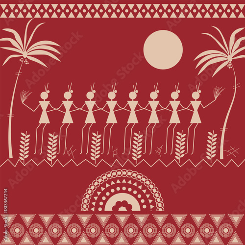 Warli Folk Tribal Art for Odisha or Maharashtra Tribal Stick Figures on harvest dance tradition concept tribal art vector
