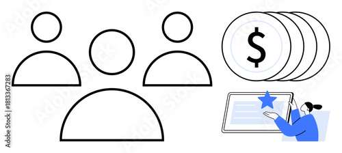 Minimalist design with three people icons, stacked coins with dollar sign, and person interacting with tablet. Ideal for teamwork, finance, digital platform, collaboration, reward system, e-learning