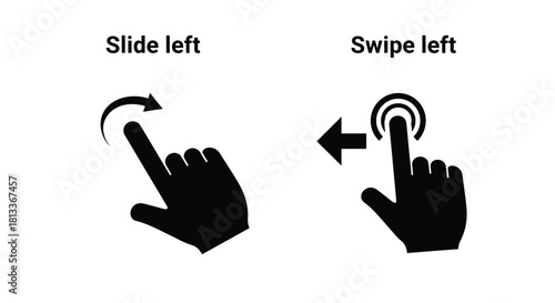 Illustrative hand gestures indicating swipe and slide left actions on a screen