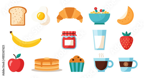 Breakfast food collection toast egg croissant cereal banana strawberry cupcake
