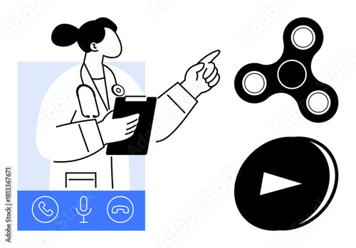 Medical professional holding a clipboard in a video call interface, pointing towards fidget spinner and playback icon. Ideal for telemedicine, online tools, health tech, education, focus, relaxation