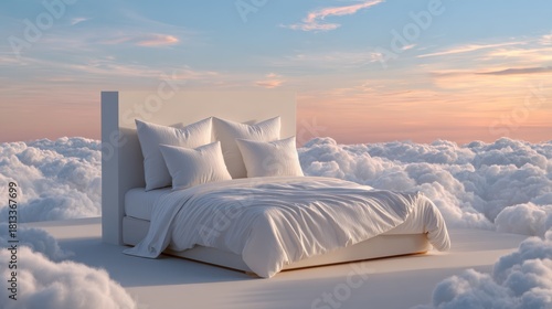 Dreamy cloud bed scene surreal landscape digital art tranquil environment elevated viewpoint