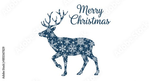 Blue reindeer silhouette with snowflake pattern and Merry Christmas text