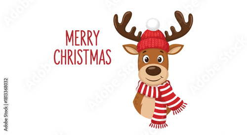 Reindeer character wearing a red knitted hat and striped scarf wishing Merry Christmas