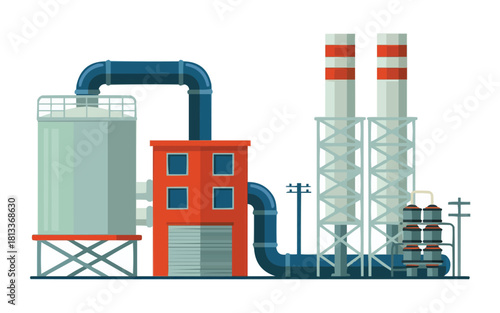 Modern industrial plant with bold colors and clean lines, perfect for showcasing manufacturing processes or environmental themes in a contemporary style