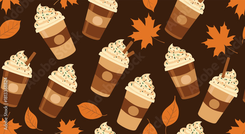 Autumn seamless pattern with coffee cups and falling leaves on a dark brown background.