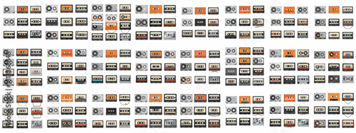 Massive collection of vintage compact audio cassette tapes, showcasing various retro designs, colors, and 80s/90s nostalgia on a white background.
