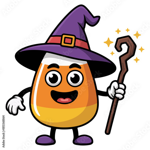 A cartoonish candy corn witch with a hat and a magic wand, ready for Halloween festivities. Its expressive face embodies the spirit of fun and fantasy