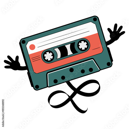 A fun cartoon image of a vintage cassette tape, with arms and a flowing tape creating a playful design.