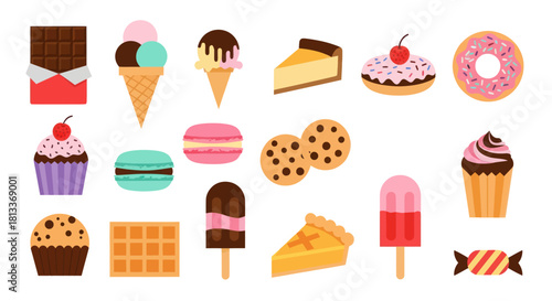 Assorted colorful desserts and sweet treats on white background vector illustration