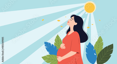 Pregnant woman enjoying sunlight and nature with plants and sky background.