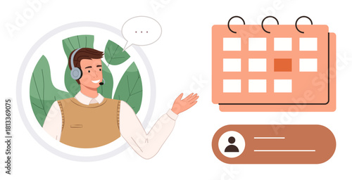 Male support agent wearing headset gestures toward a calendar, with user profile detail. Ideal for customer service, online booking, scheduling, help desk, communication, appointment management