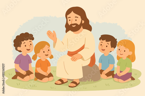 Illustration of Jesus teaching a group of children in nature, symbolizing wisdom, care, and spiritual learning.
