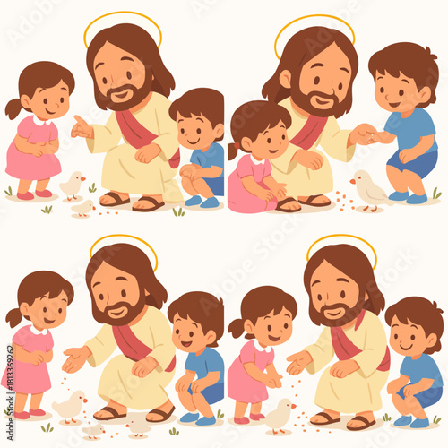 Cute Christian illustration of Jesus sitting with happy children, symbolizing love, guidance, and faith. Perfect for Sunday school and religious educational materials.