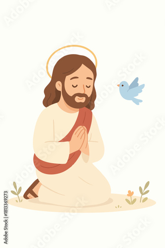 Illustration of Jesus sitting peacefully with lilies, symbolizing purity, holiness, and heavenly peace.