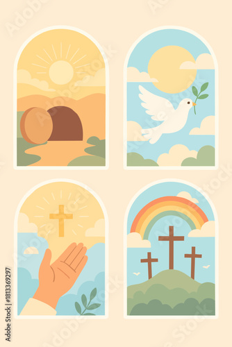 Four-panel Christian illustration of the empty tomb, dove, sunrise, and Jesus symbolizing resurrection and new hope.
