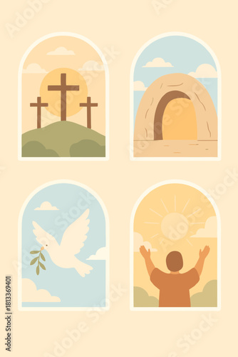 Four-panel Christian illustration featuring the cross, empty tomb, dove, and bright sunrise symbolizing resurrection and hope.