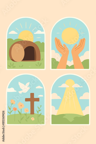 Four-panel Easter-themed illustration showing the empty tomb, a cross, a dove, and sunrise symbolizing resurrection and hope.