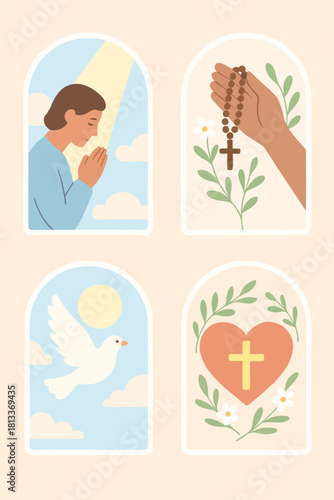 Christian panel illustration showing a person praying, a rosary hand, an olive branch, and spiritual symbols of peace and devotion.