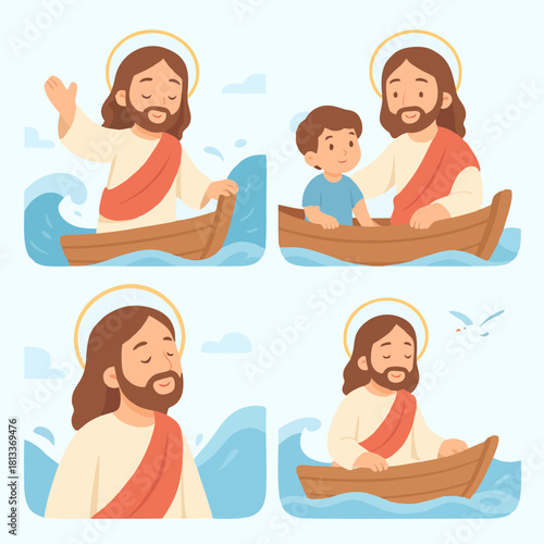 Flat illustration of Jesus with disciples in a boat, symbolizing faith, guidance, and trust during life’s storms.