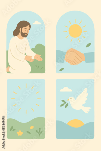 Four-panel Christian illustration of Jesus calling with nature symbols like sunlight and a dove, representing peace and hope