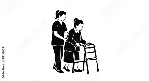 A caregiver assisting an elderly woman with a walking aid
