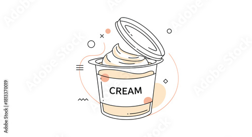 Stylized illustration of a cup of cream with the lid open, featuring abstract shapes.