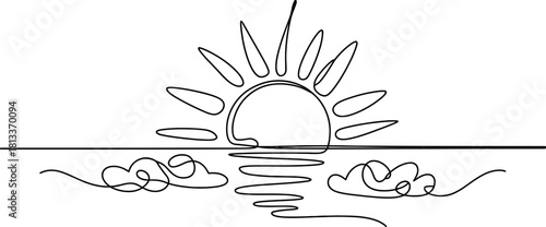 Continuous line drawing of a vibrant sun rising or setting over the tranquil ocean with peaceful clouds, reflecting on the water surface.