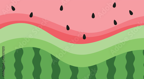Abstract illustration of a watermelon slice with wavy layers and black seeds.