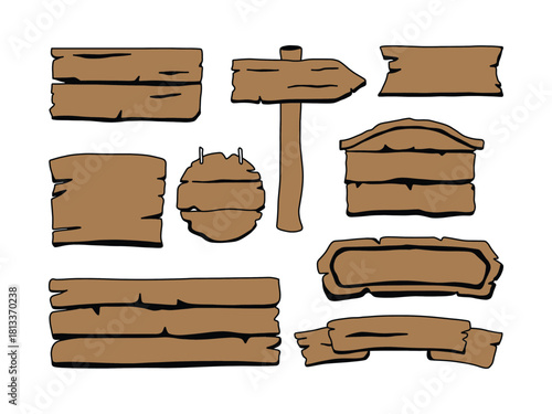 Rustic Wooden Signboard Vector Set Hand-Drawn Style