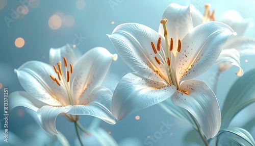 Día de la Inmaculada: White Lily Flowers on Soft Blue Background with Golden Highlights, Purity and Devotion Theme.