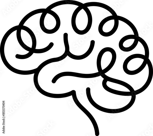 Minimalist continuous line art drawing of a human brain, symbolizing thought, intelligence, creativity, and cognitive processes on white