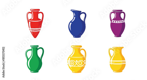 Colorful ancient pottery vases arranged in a neat symmetrical display