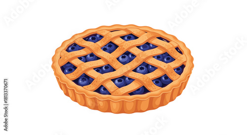A delicious looking blueberry pie with a lattice crust on a white background.
