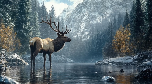 Majestic elk stands in a serene winter landscape.