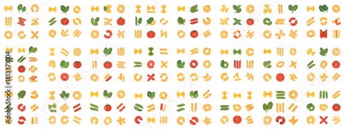 Seamless pattern of Italian pasta icons, including penne, fusilli, farfalle, and maccheroni, along with spinach and tomato in a flat vector style.