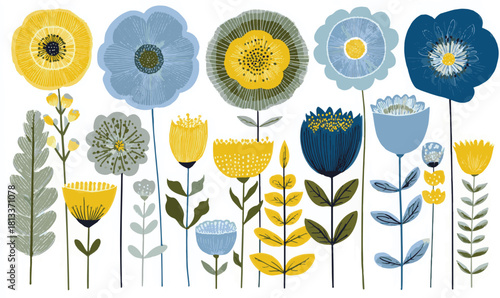 Scandinavian folk art floral illustration featuring yellow and blue stylized flowers and leaves. Vector