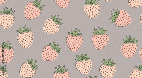 Seamless pattern with hand-drawn cartoon strawberries in pastel colors on a gray background.
