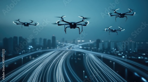 Fototapeta Naklejka Na Ścianę i Meble -  swarm of small, elegant drones flying in perfect formation, their LED lights creating trails in the twilight sky over a modern city, long exposure photography style, dynamic. 