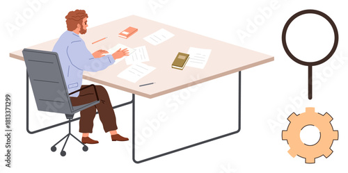 Man sitting at a desk analyzing papers surrounded by books, pen, magnifying glass, gear. Ideal for themes thumbs up analysis, productivity, research, focus, problem-solving critical thinking simple