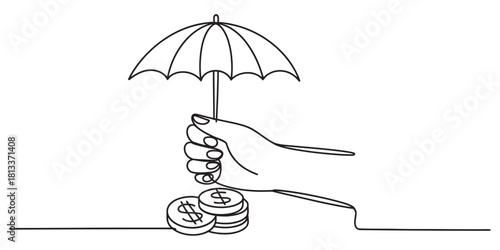 Continuous line drawing of a human hand holding an open umbrella providing shelter to a stack of dollar coins, symbolizing financial security.