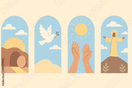 Flat Illustration of Jesus Sitting Outdoors with Happy Children”
