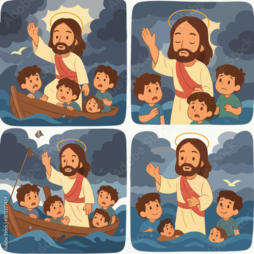 Colorful illustrated panels showing Jesus guiding and comforting children during a biblical scene.
