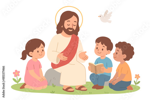 Flat Illustration of Jesus Teaching and Talking with Two Children