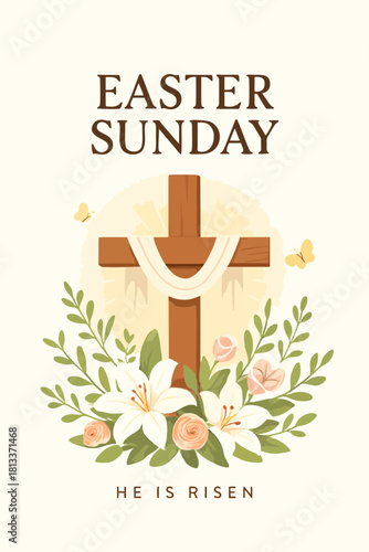 Flat Easter Sunday Illustration with Floral Cross and Decorative Elements