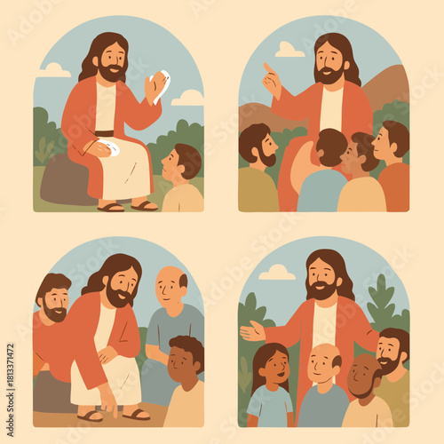 Flat Four-Panel Christian Illustration of Jesus Teaching with Nature Symbols