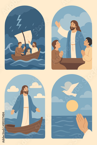 Flat Christian Illustration of Jesus Calming the Storm on the Boat with Disciples